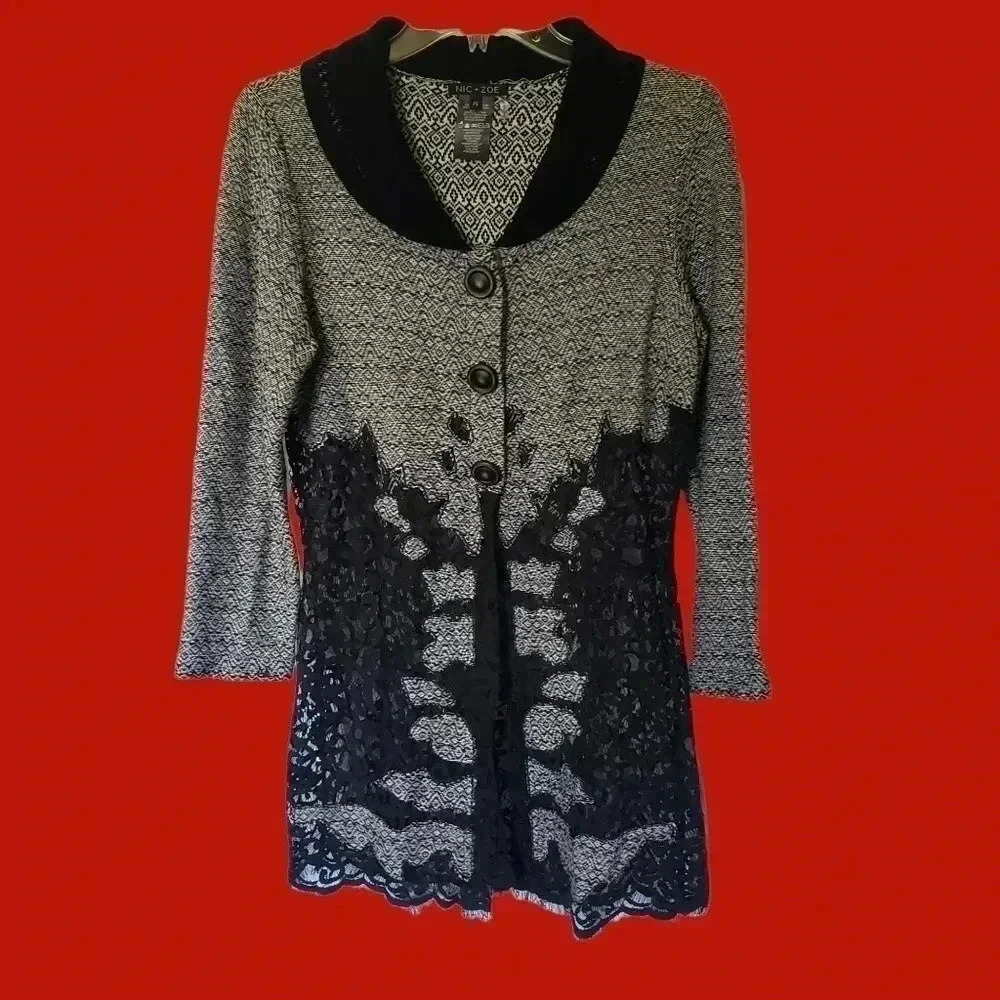 -Nic-Zoe lace crocheted collar blazer size petite small gray/wht/blk